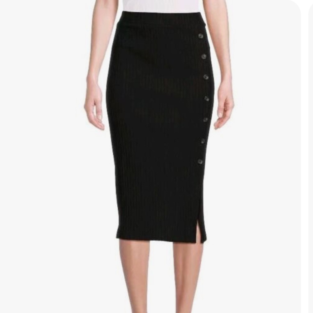 Super stretchy black, size large time and tru skirt. Midi length.